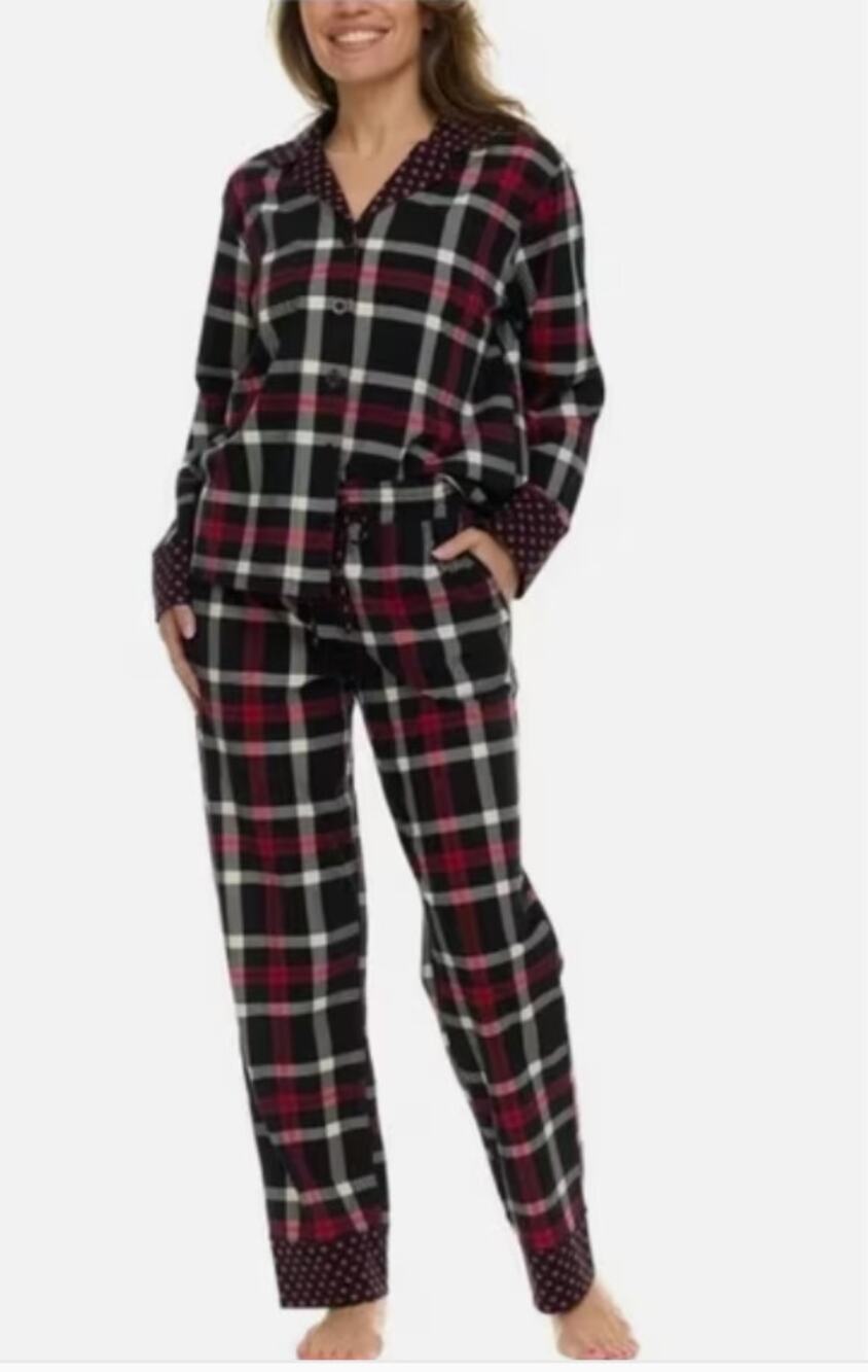 VERA BRADLEY 100% Cotton Notch Collar Red Plaid with Trim Flannel Pajama Set M
